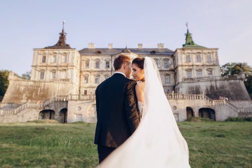 standing in the background of the old castle